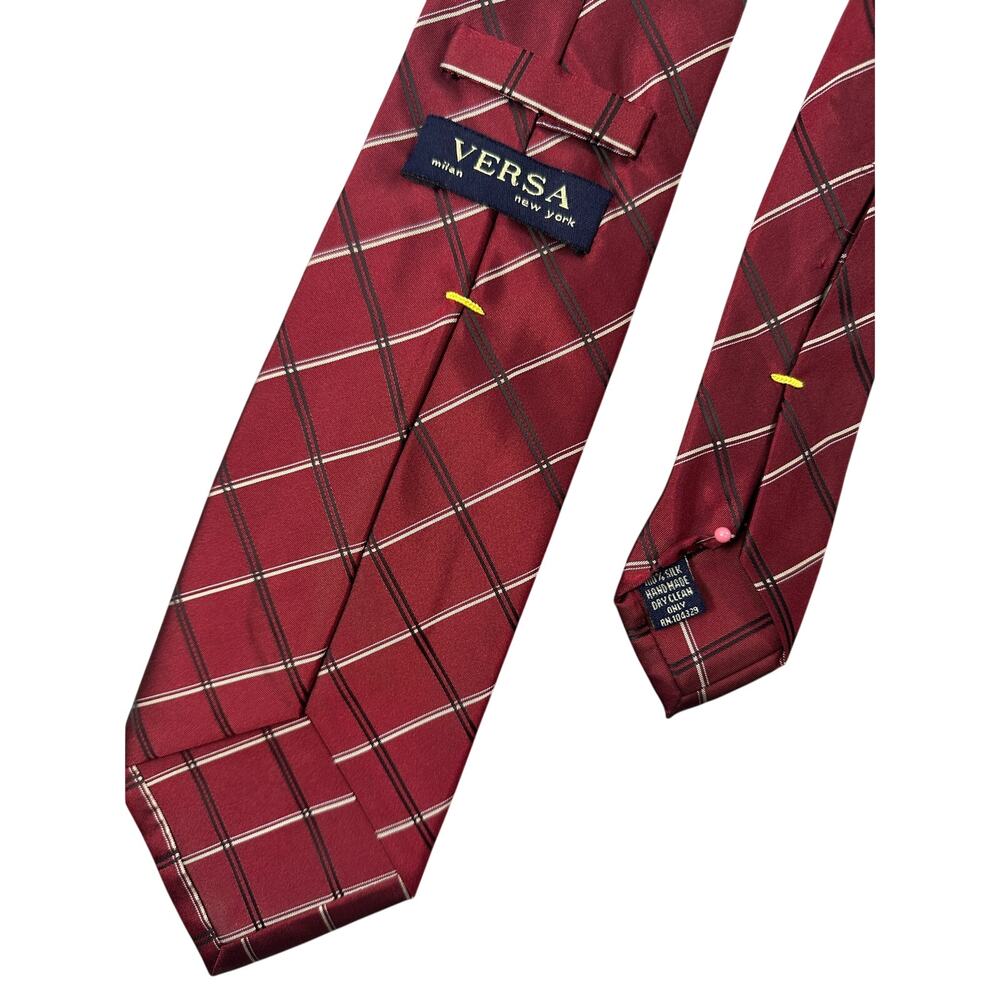VERSA Necktie Burgundy Silk Plaid Handmade Striped